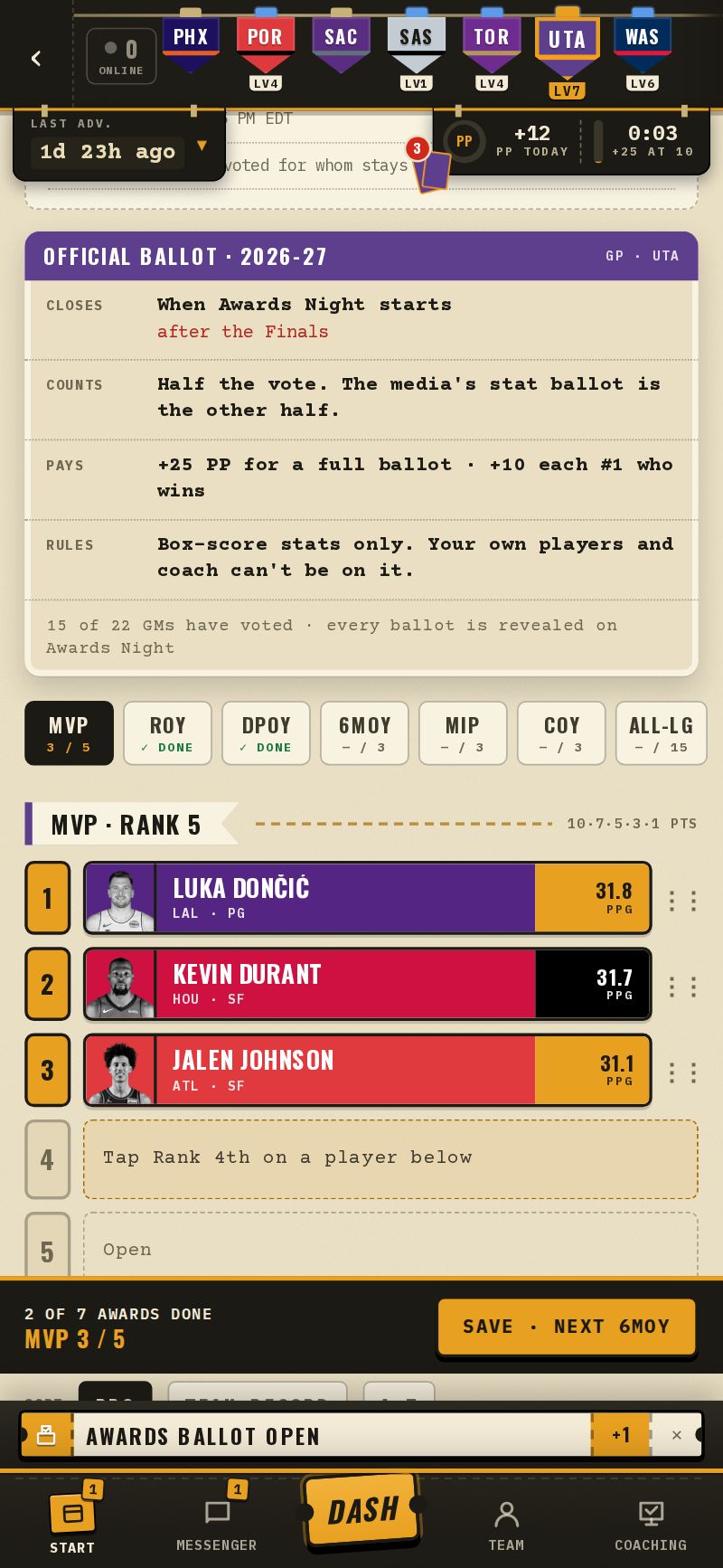 The official ballot: closes when Awards Night starts, counts half, pays PP; MVP rank 1 to 5