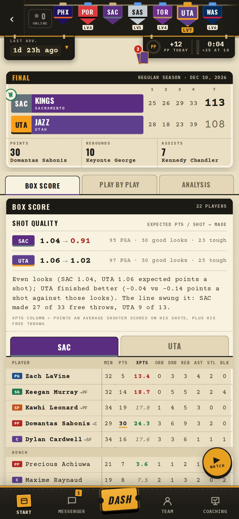 The box score team strip: expected points per shot, then points per shot made, plus the xPTS column