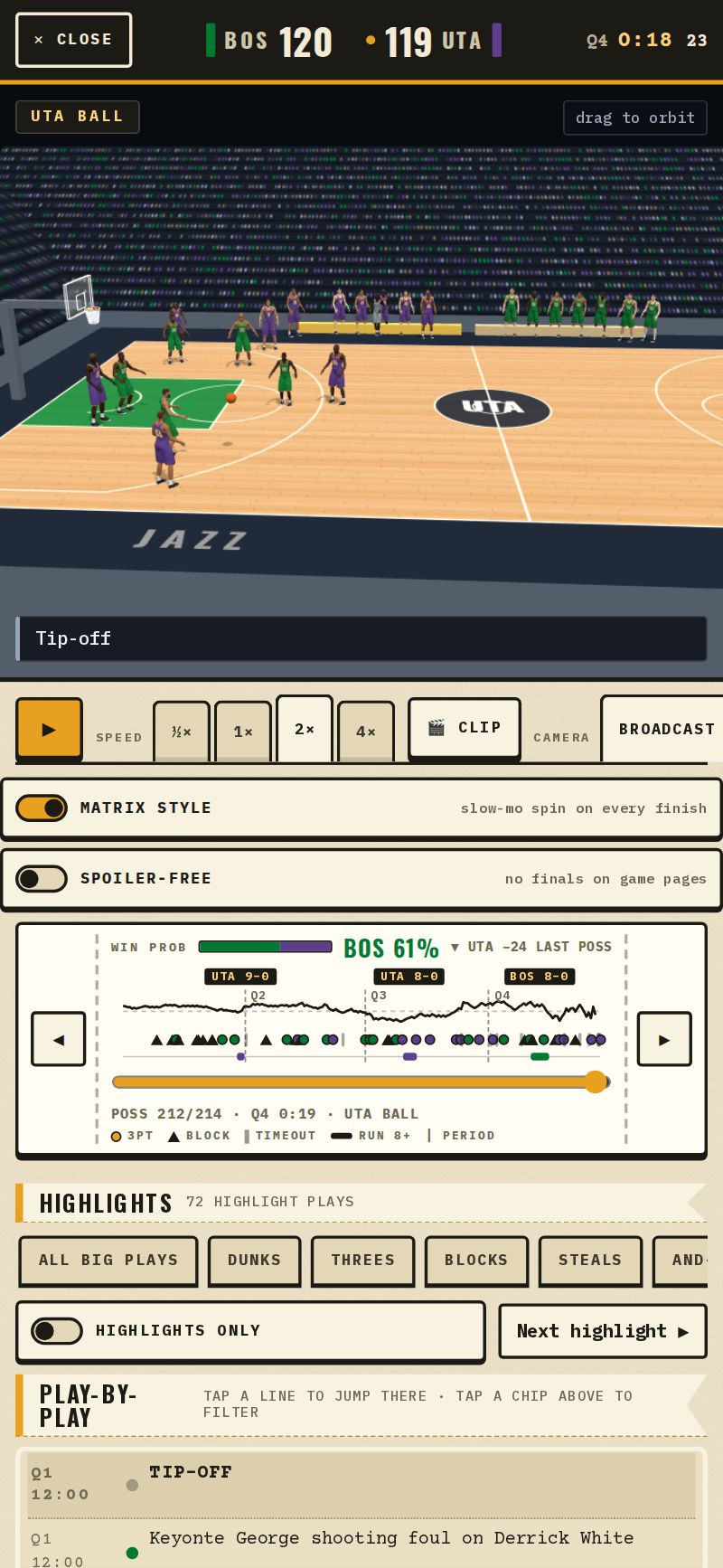 Court View with the new timeline: speed buttons, a win-probability strip with run labels, and markers for threes, blocks, timeouts and quarter breaks