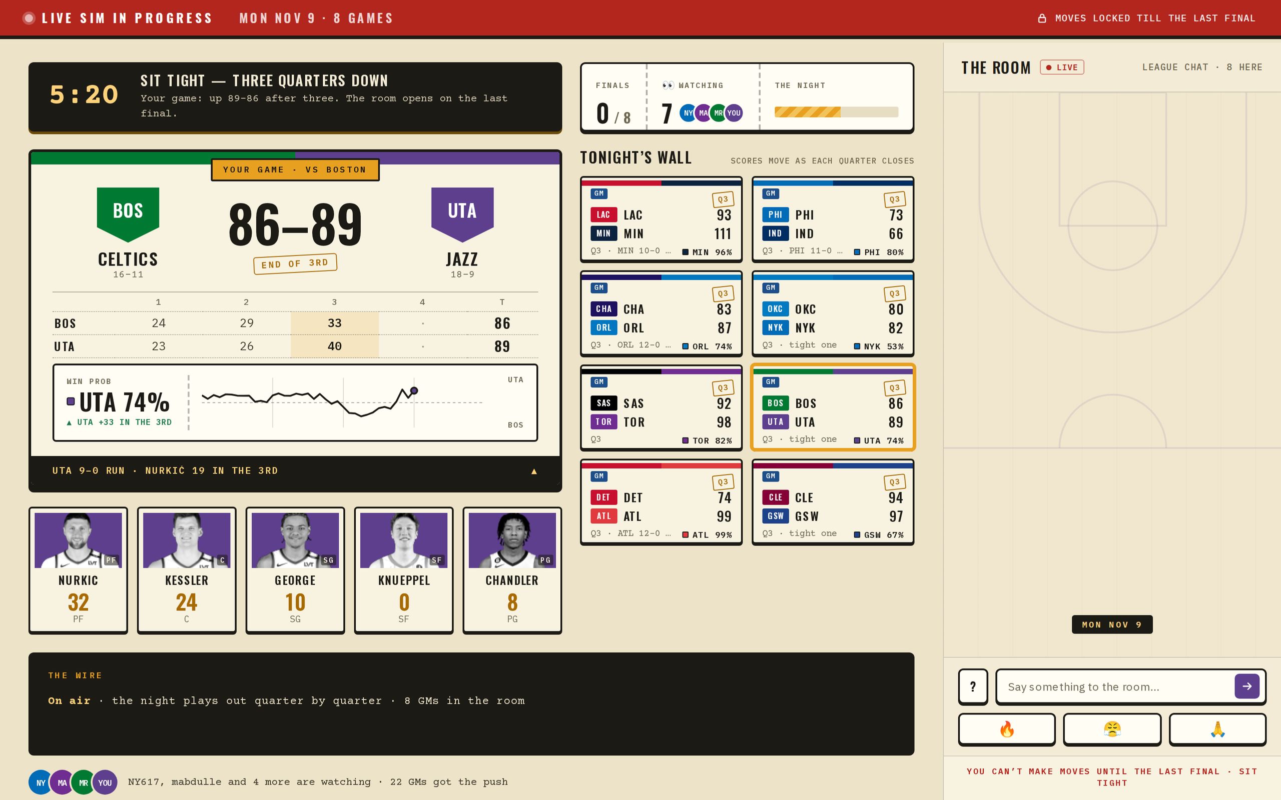 The live room on a computer: your game with win probability, the wall of games with a % each, the room chat, and the names of GMs watching now
