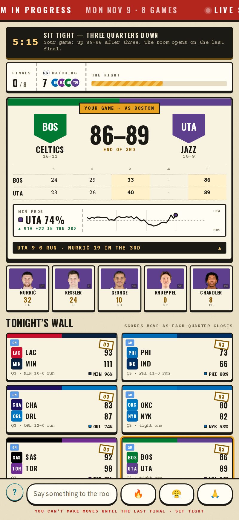 The live room during a sim night: your game's score with a win-probability panel and sparkline, the watching count with GM avatars, and wall cards with a small percentage each