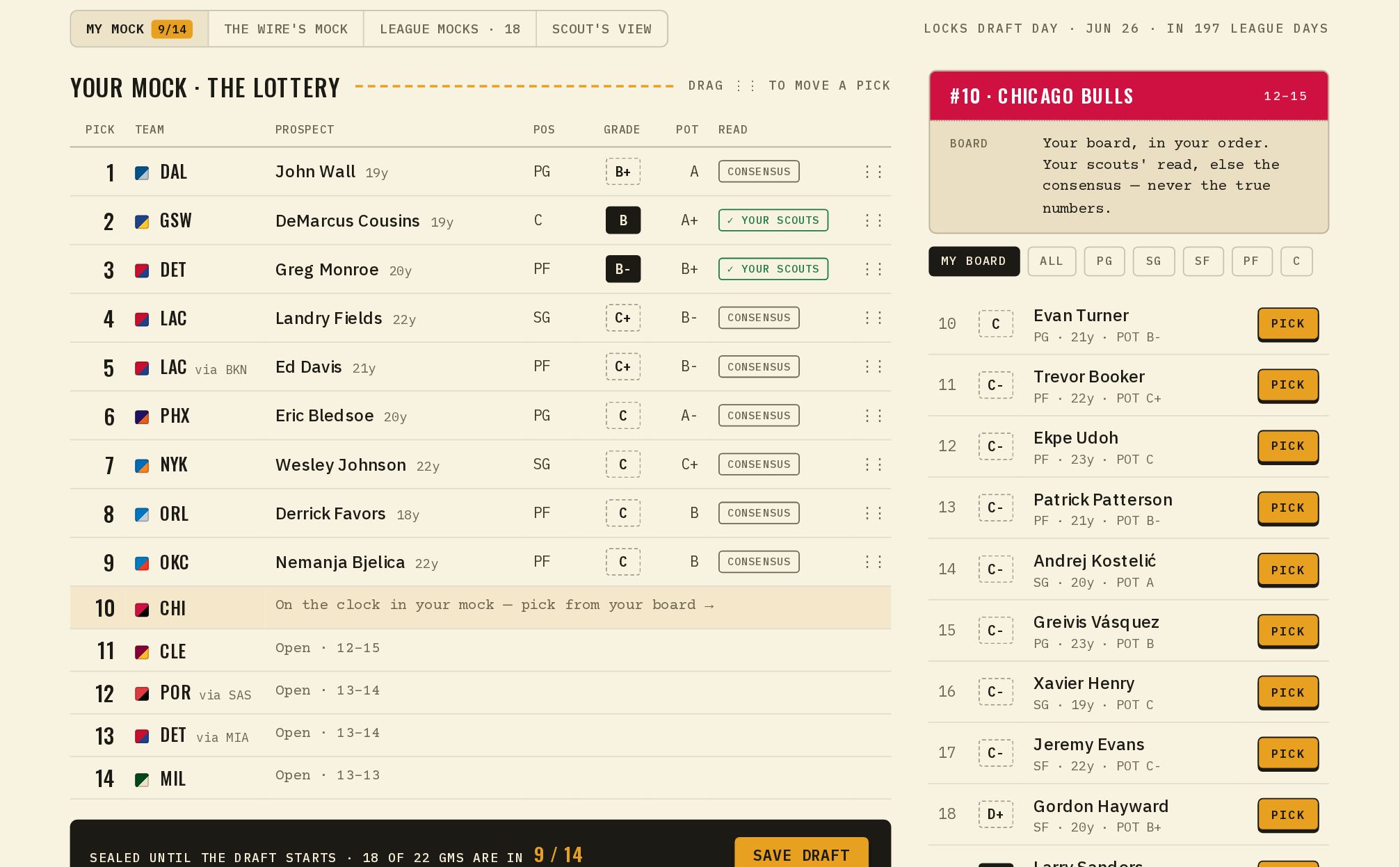 The mock draft builder on a computer: the 14 lottery slots beside your board