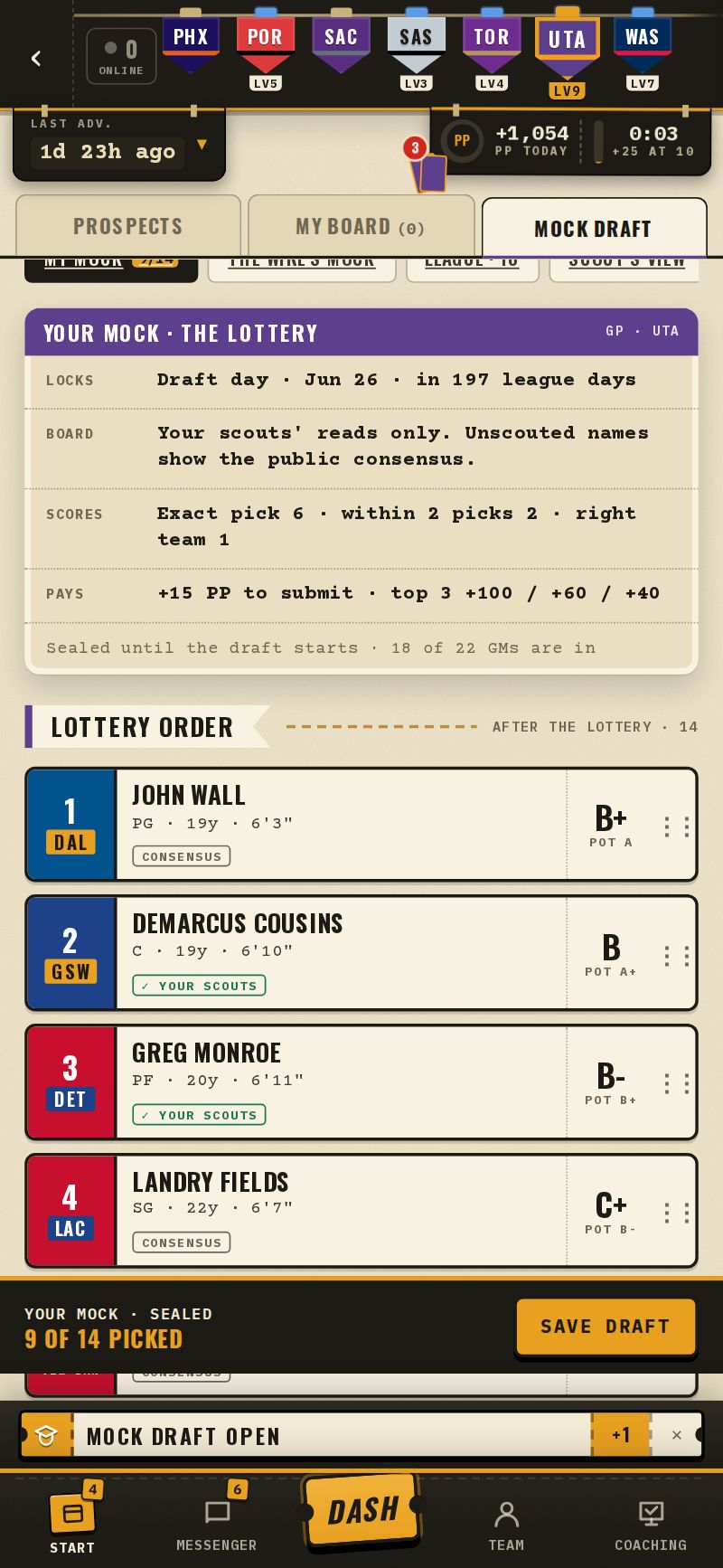 Your mock: locks on draft day, your scouts' reads only, scoring and PP, then the lottery order