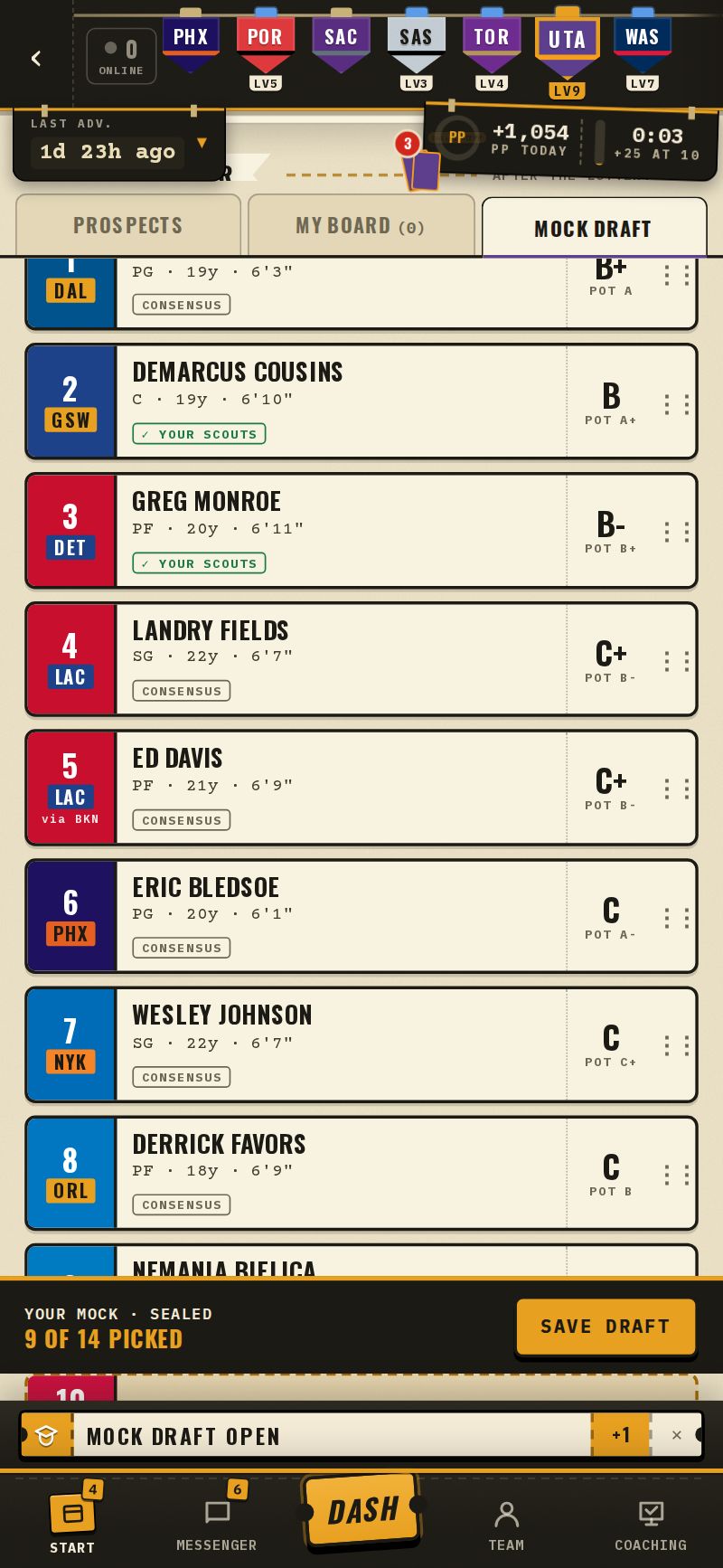 Lottery picks filled from your board, each tagged Your scouts or Consensus