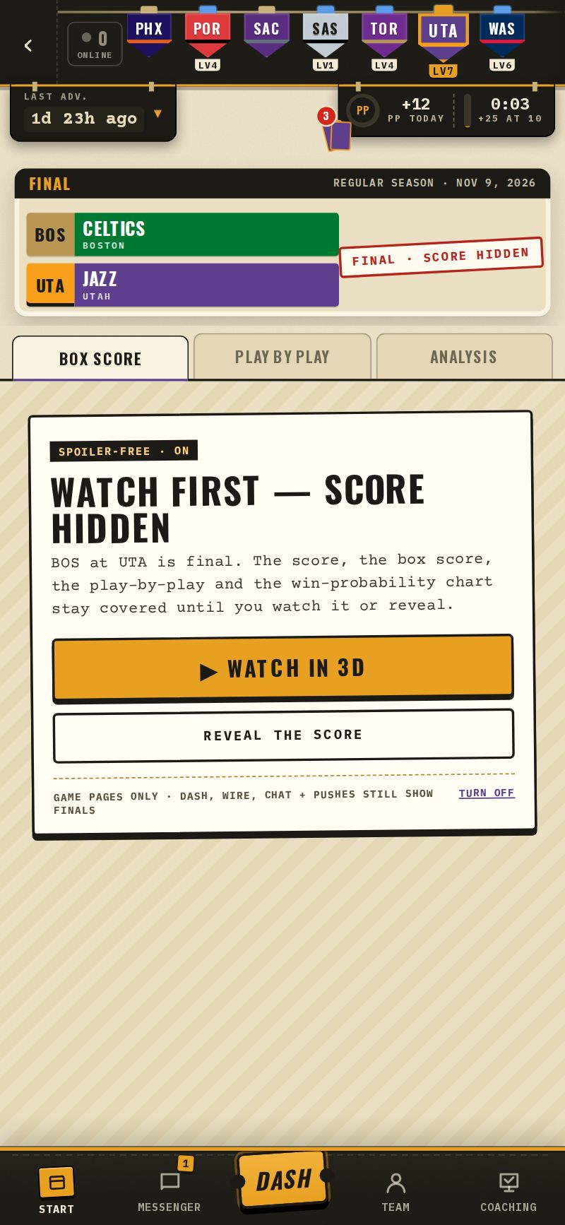 A box score with the score hidden: Watch in 3D or Reveal the score