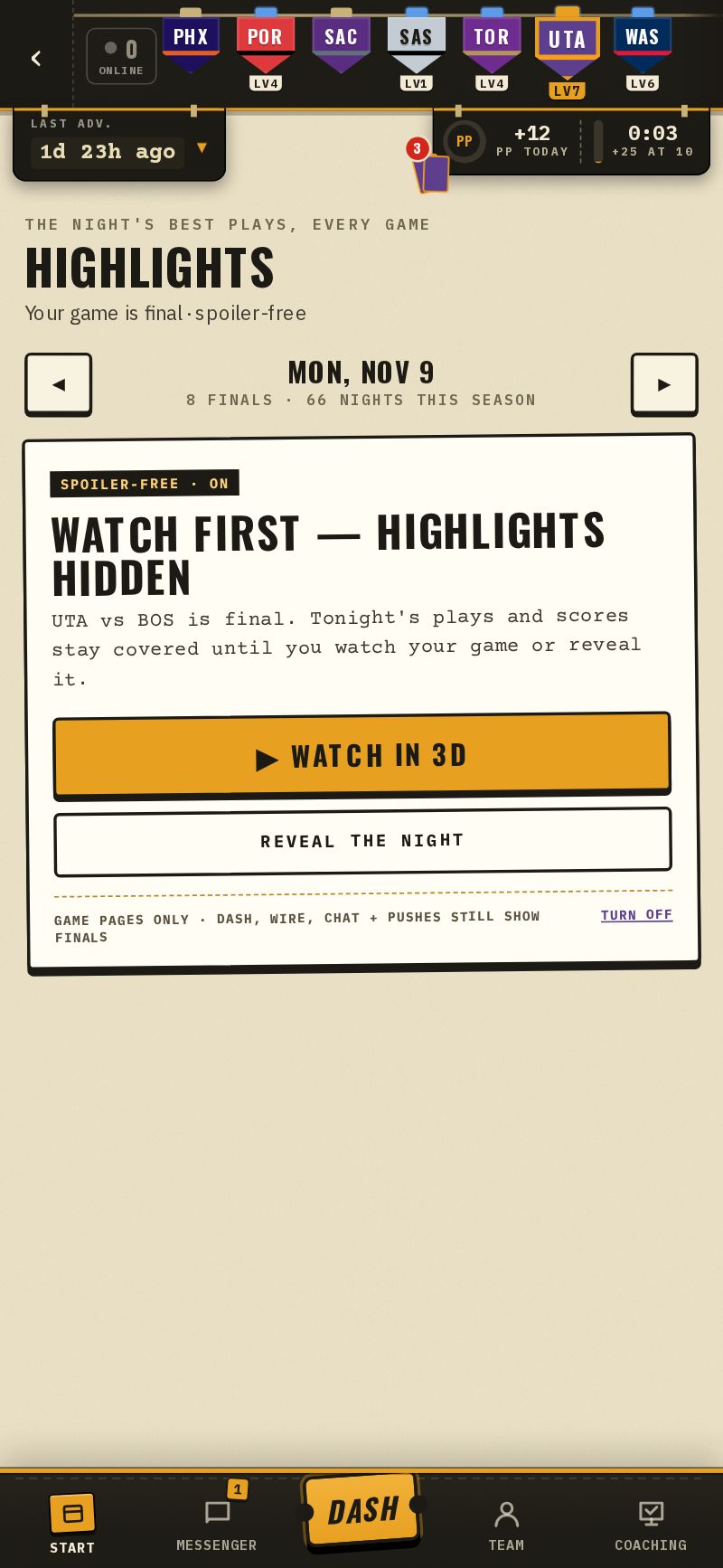 The Highlights-of-the-night page held back until you watch or reveal