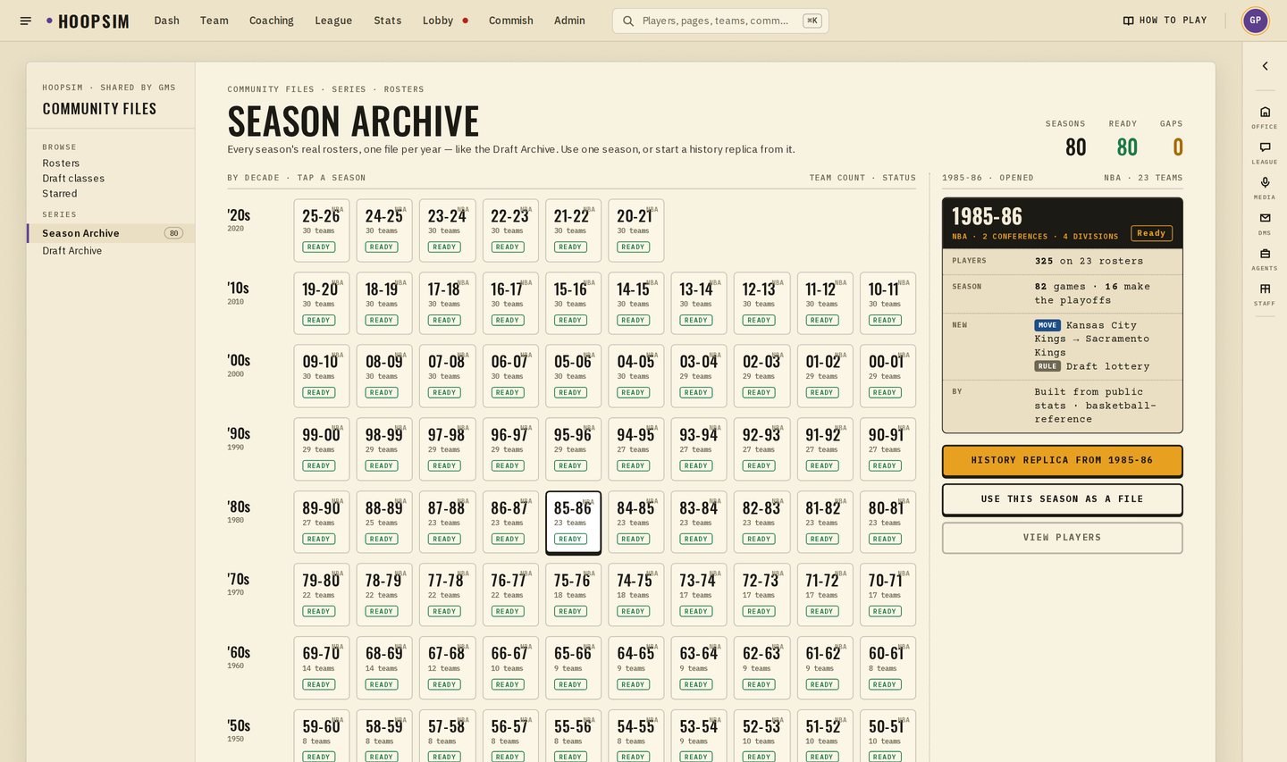 The Season Archive: every season by decade, with 1985-86 open and buttons to start a history replica or use the season as a file