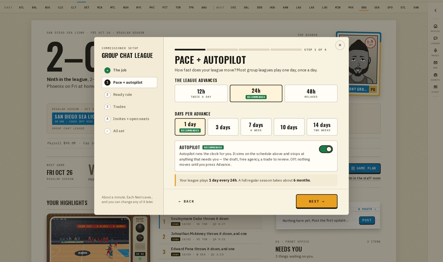 The commissioner setup on step 1, Pace and autopilot, over the league's Dash