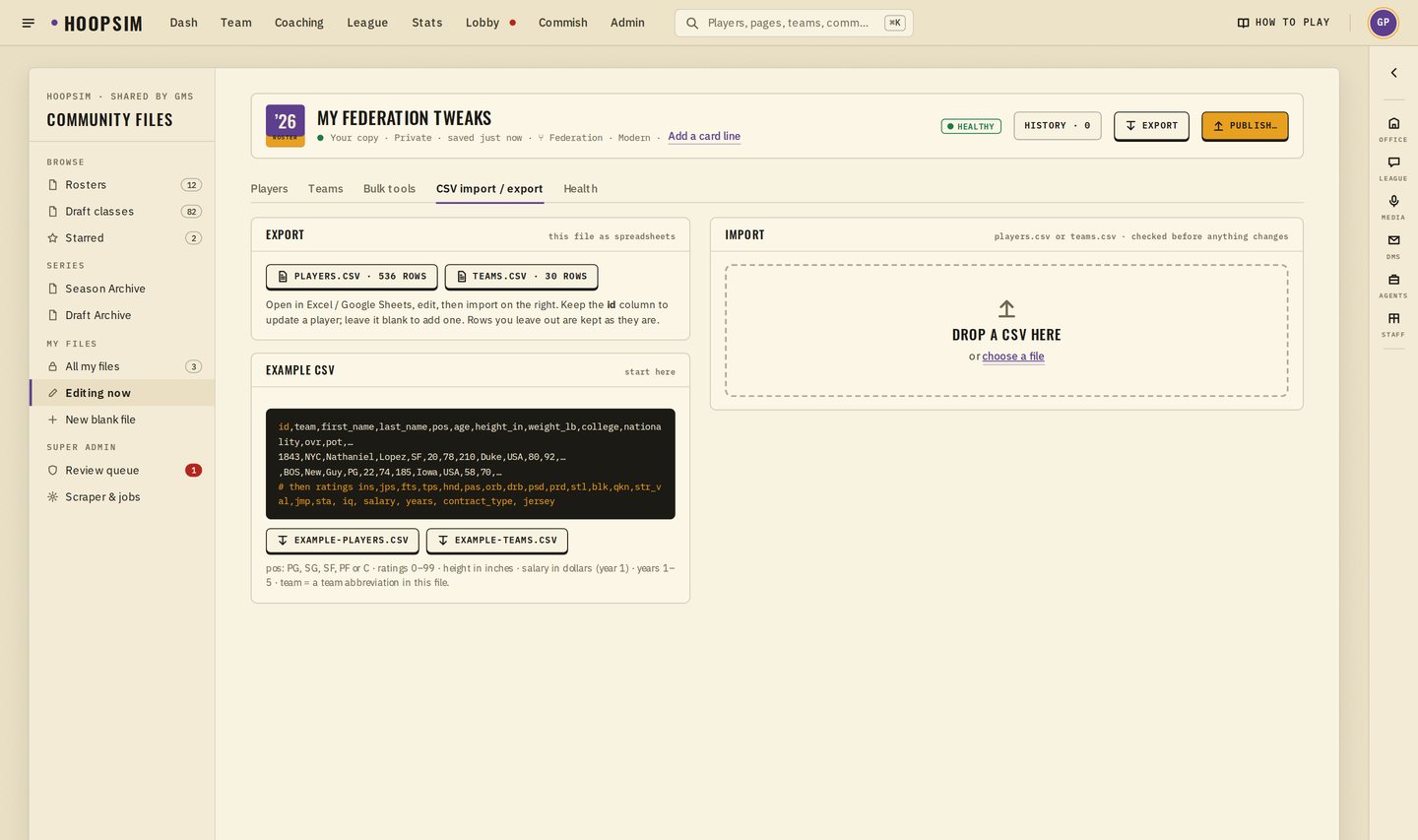 The CSV import and export tab: Export buttons, the example CSV with its columns, and a Drop a CSV here box