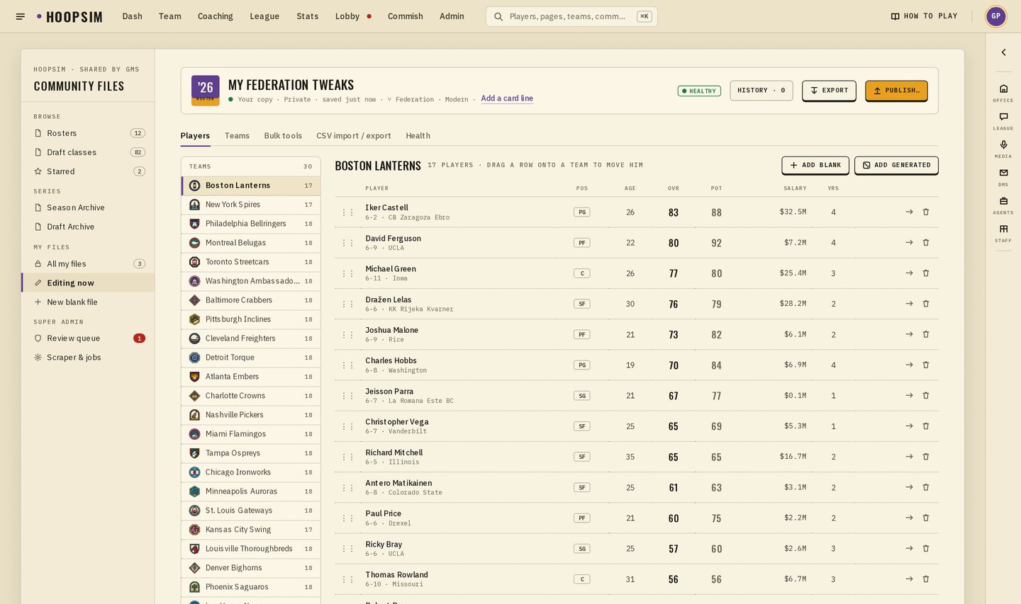 Editing a private copy of a league file: the club list on the left and its players with ratings and salaries