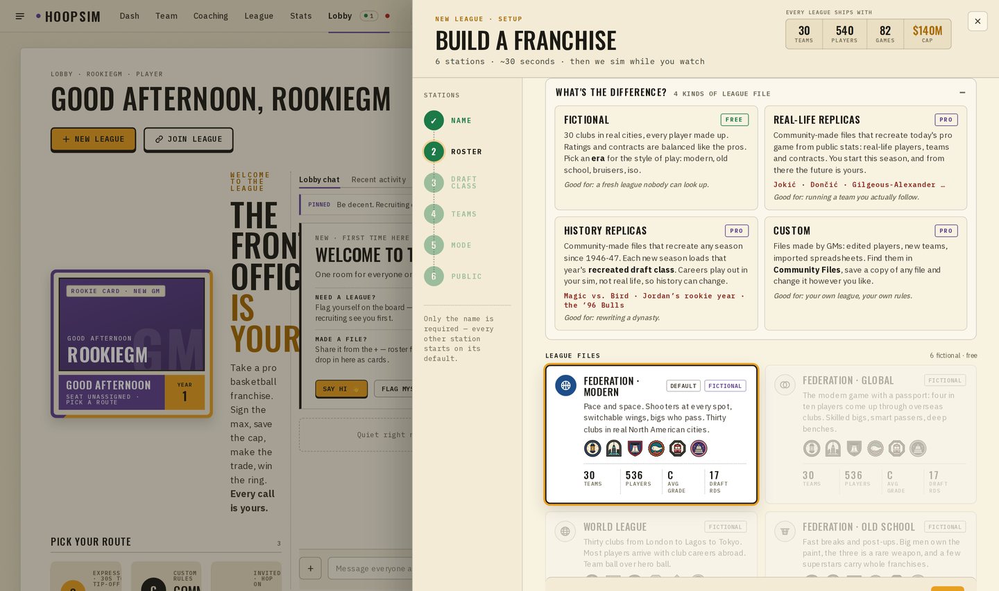 The Build a Franchise wizard on step 2 of 6, Roster, with the What's the difference? panel