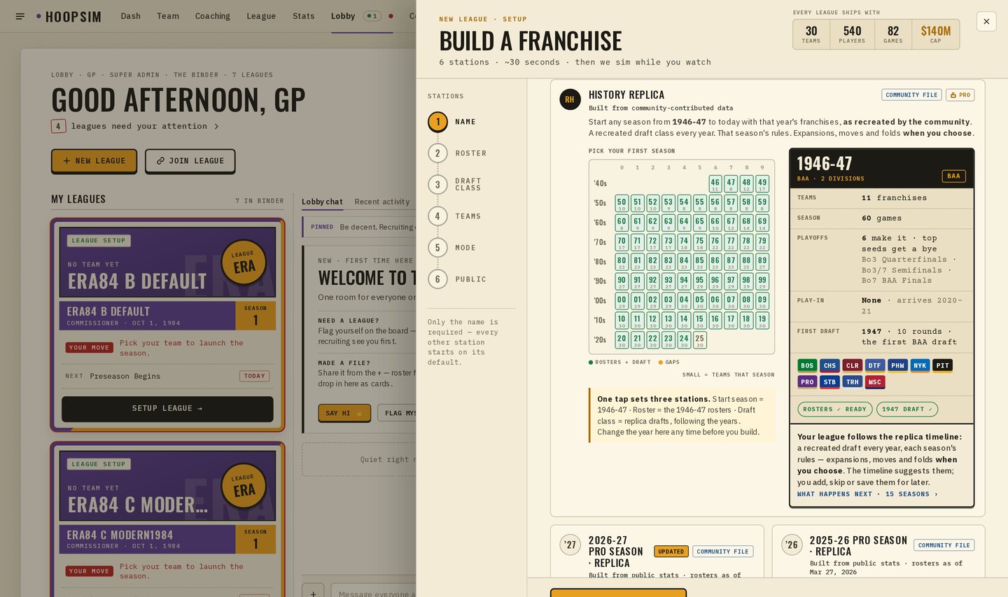 The History replica picker: a grid of seasons by decade and the 1946-47 season card