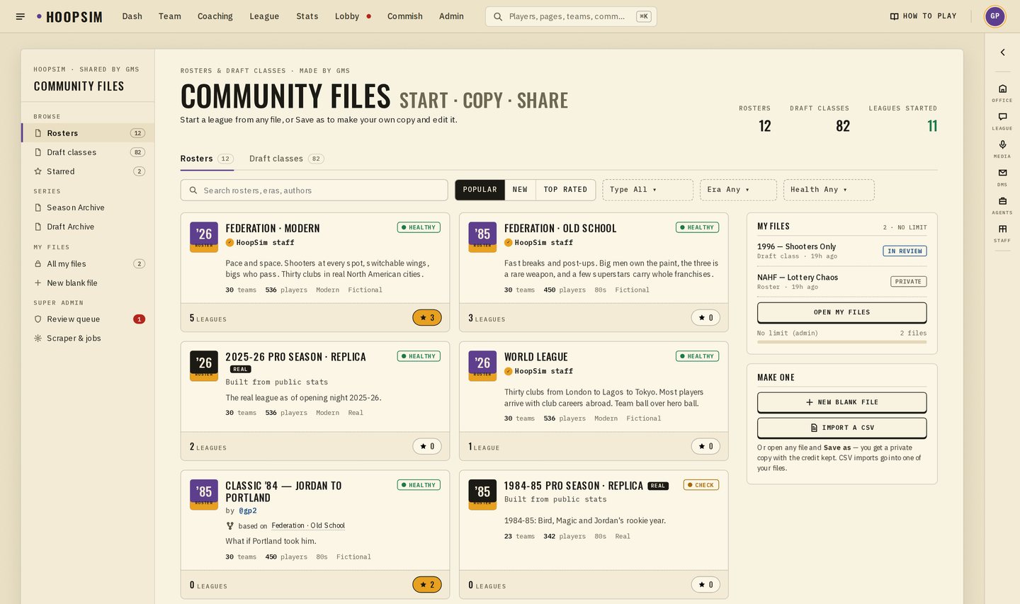 The Community Files hub: roster file cards with tags, stars and the leagues started from each