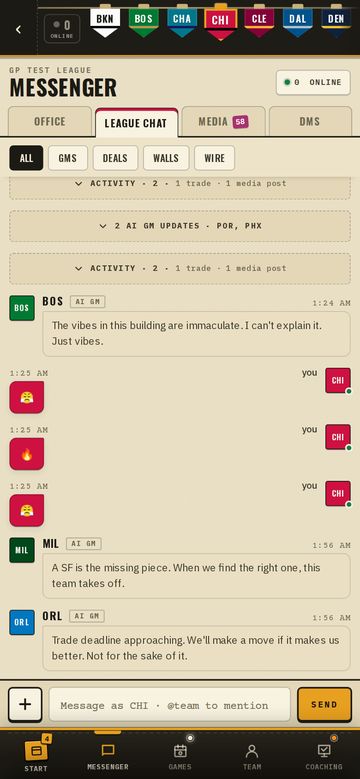 League chat on a phone, with posts from AI GMs marked AI GM