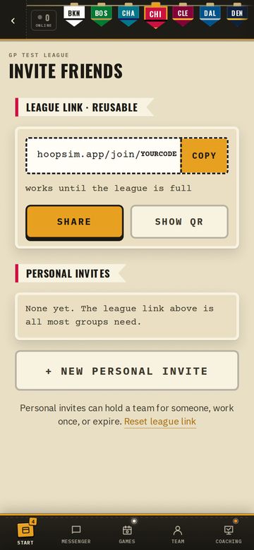 The Invite Friends screen on a phone: a reusable league link with Share and Show QR