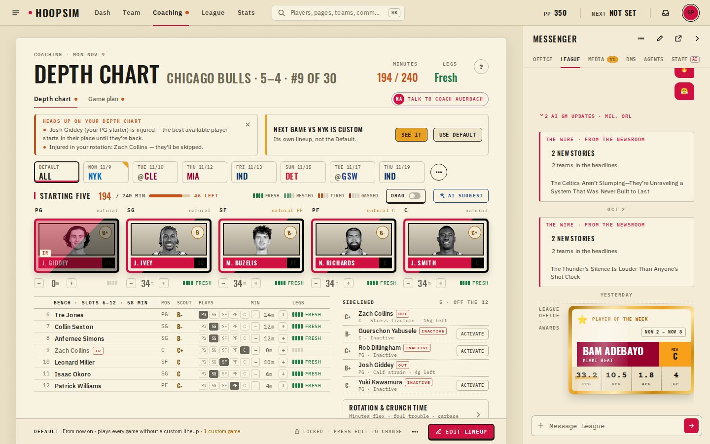 The depth chart full screen: the starters, the bench and the minutes for each player