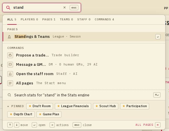 Find: a few typed letters bring up matching pages and commands