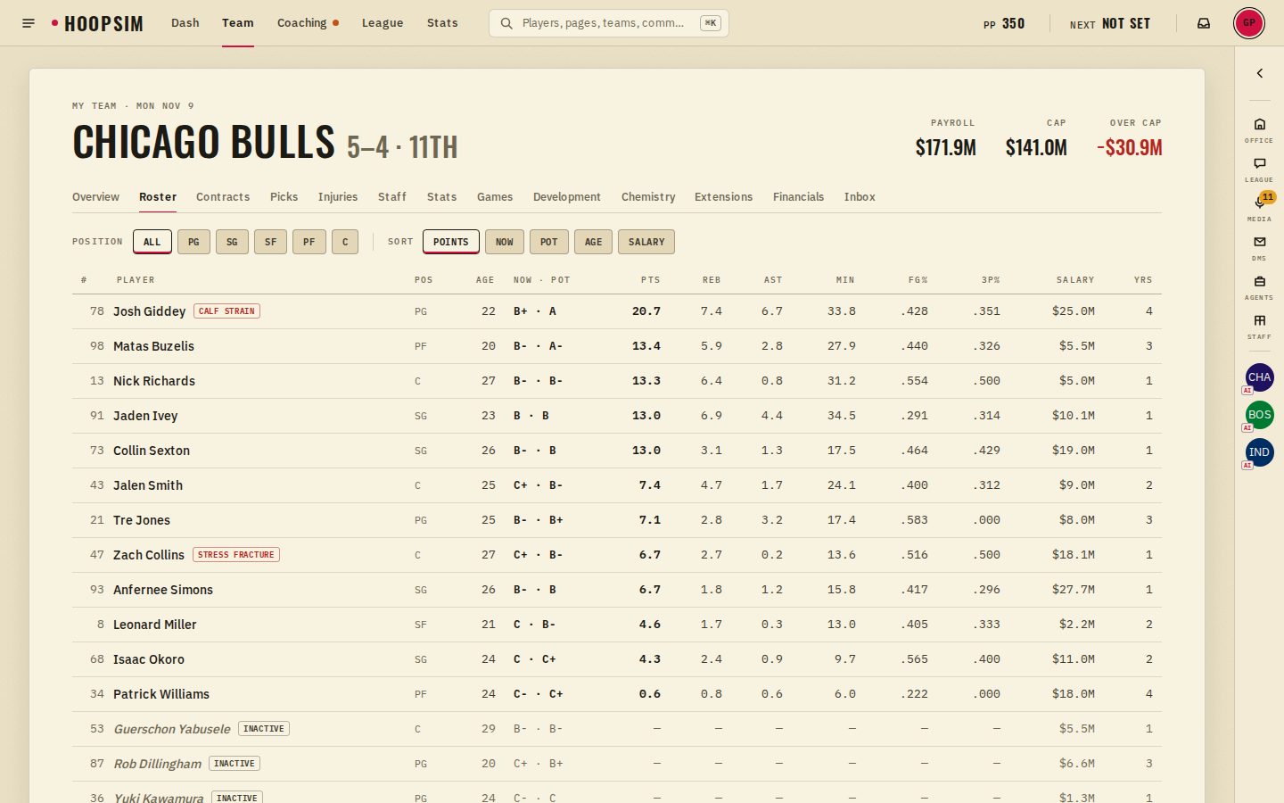 The Team page with Messenger folded to a slim rail, the roster table using the full width