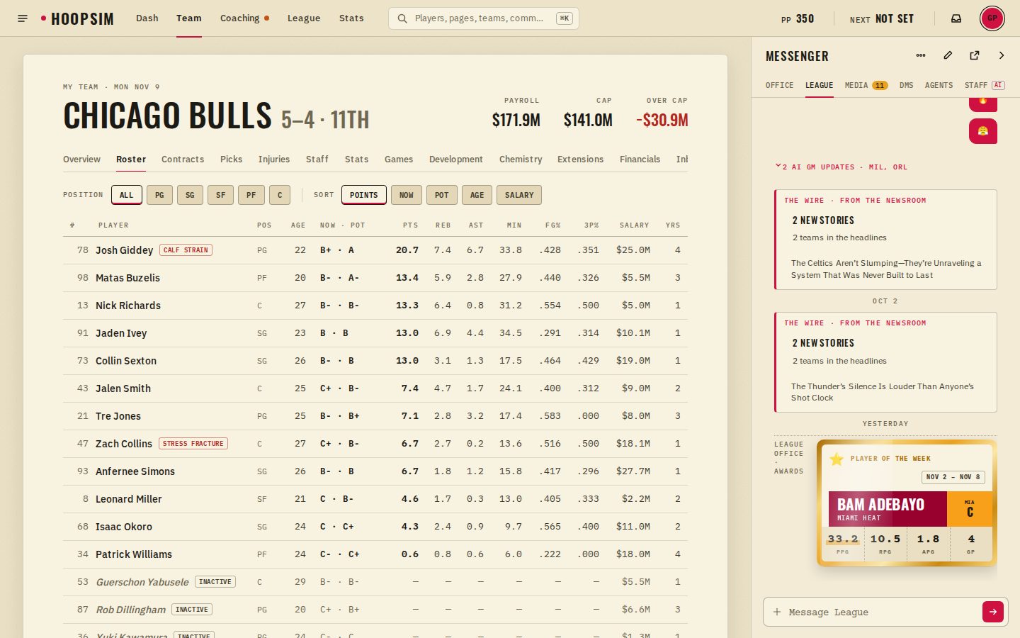The Team page full screen: the roster table on a wide sheet with Messenger open on the right