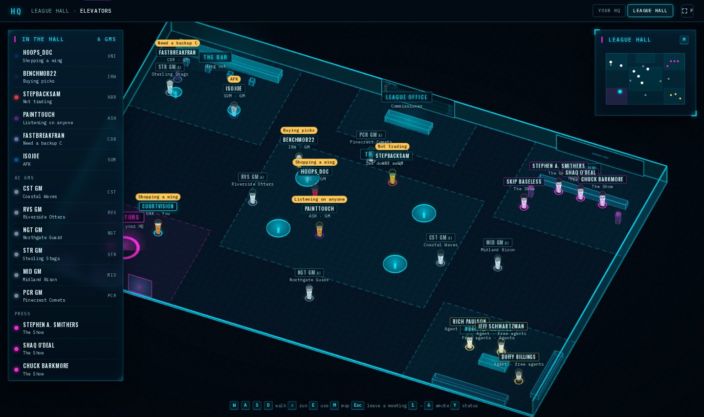 The League Hall from above: GMs with statuses over their heads, AI GMs, reporters at press row and agents in the lounge