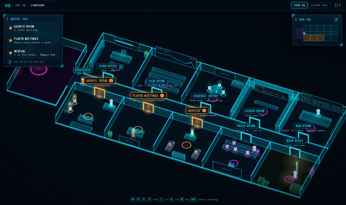 A club's HQ seen from above: a corridor with ten rooms, three doors lit orange, a Needs you list and a map