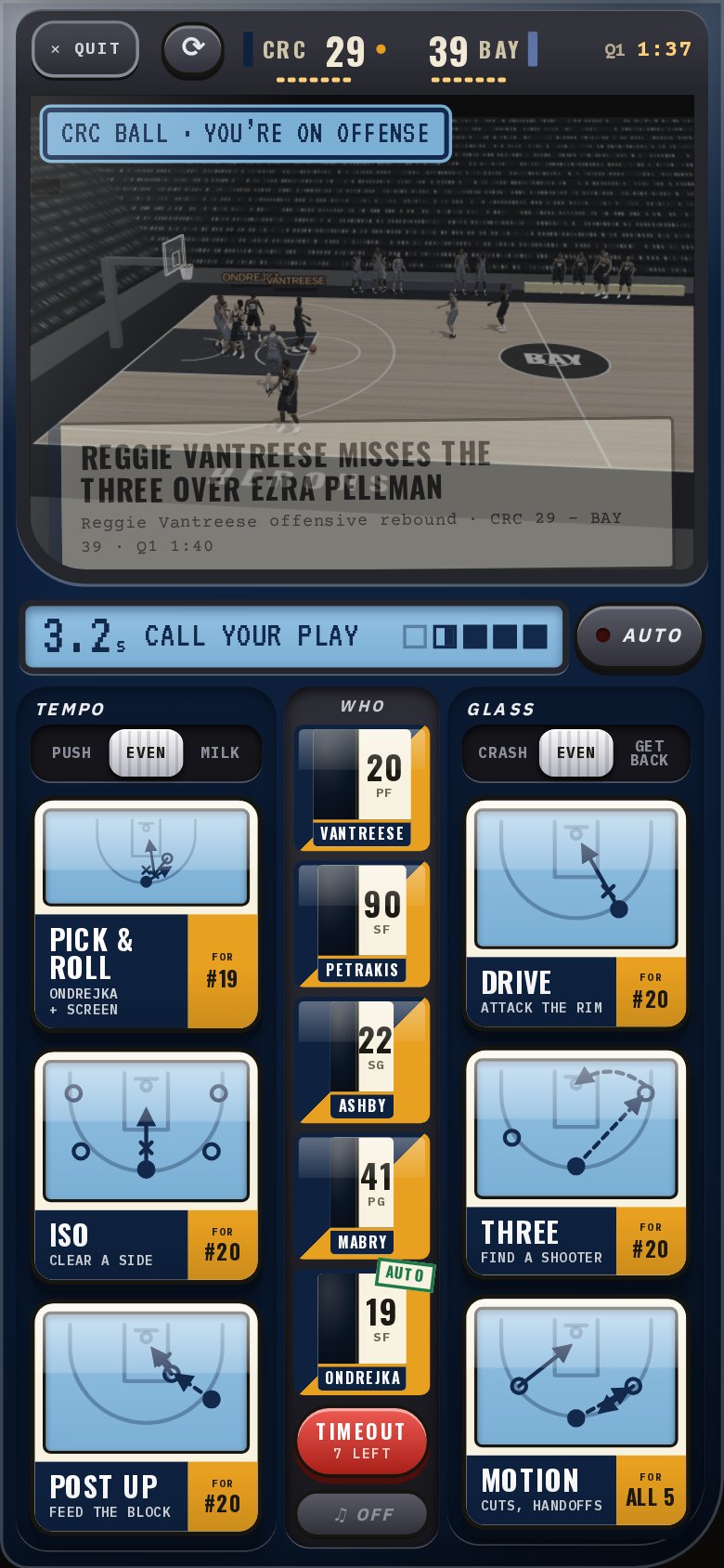 A 1 on 1 game on a phone: the 3D court, the six play cards and the 5-second clock
