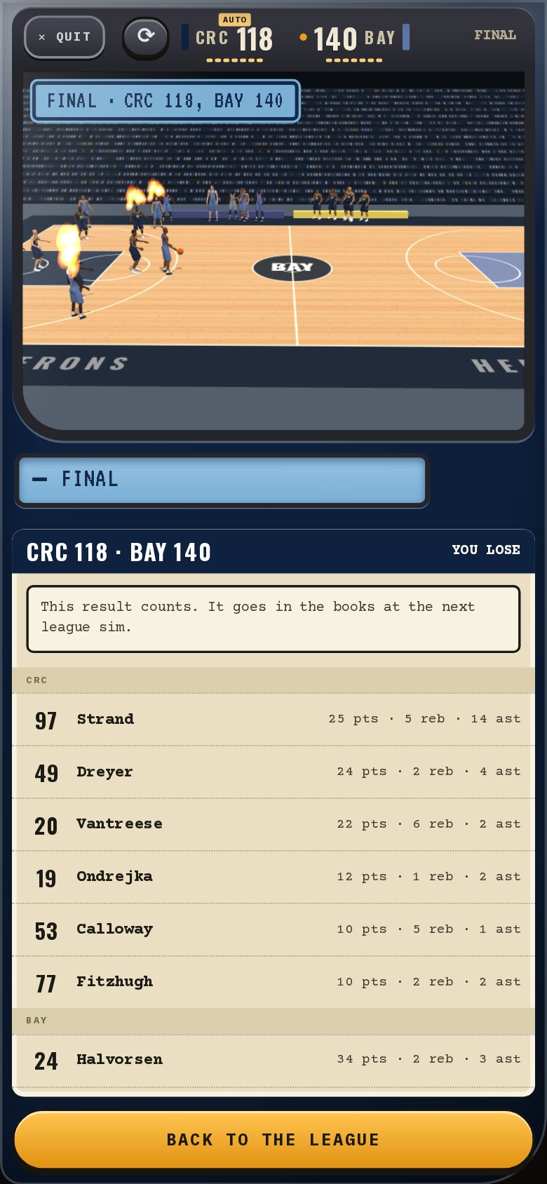 The final of a 1 on 1 game on a phone, with the box score and 'This result counts'
