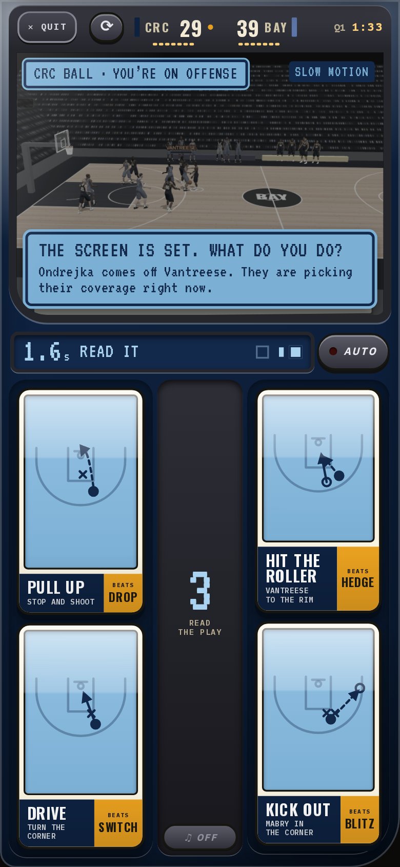 The pick-and-roll read on a phone: the court in slow motion and four read cards on a 3-second clock
