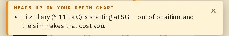 Heads up on your depth chart: a 6'11" center is starting at SG, out of position, and the sim makes that cost you