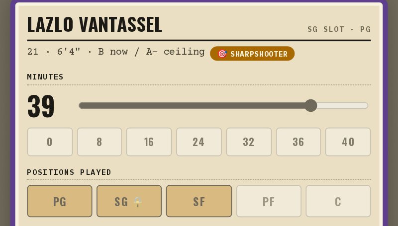 A starter's card on the phone Depth Chart: SG slot, PG, with Positions played PG, SG (locked by the slot) and SF