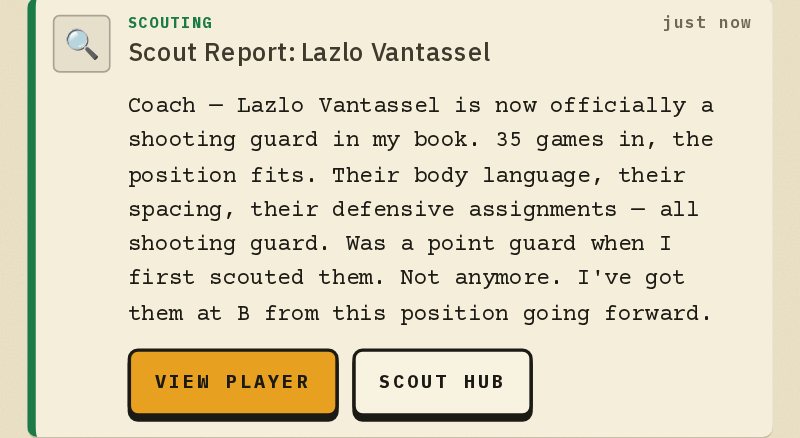 A scout report in the inbox: a point guard is now officially a shooting guard after 35 games, graded B at the new spot