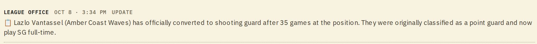 League Office on the Wire: a player has officially converted to shooting guard after 35 games at the position