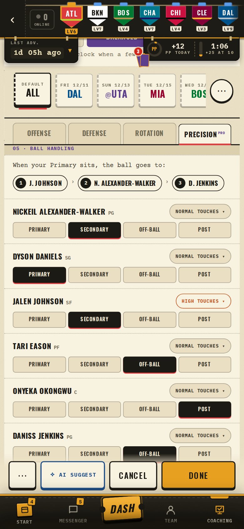 Ball handling on a phone: the fallback order, then a role and touches for each player