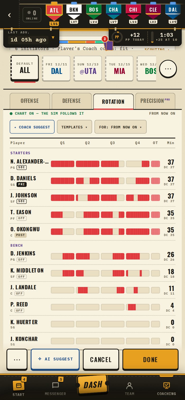 The Rotation tab on a phone: a strip of four quarters and overtime for each player