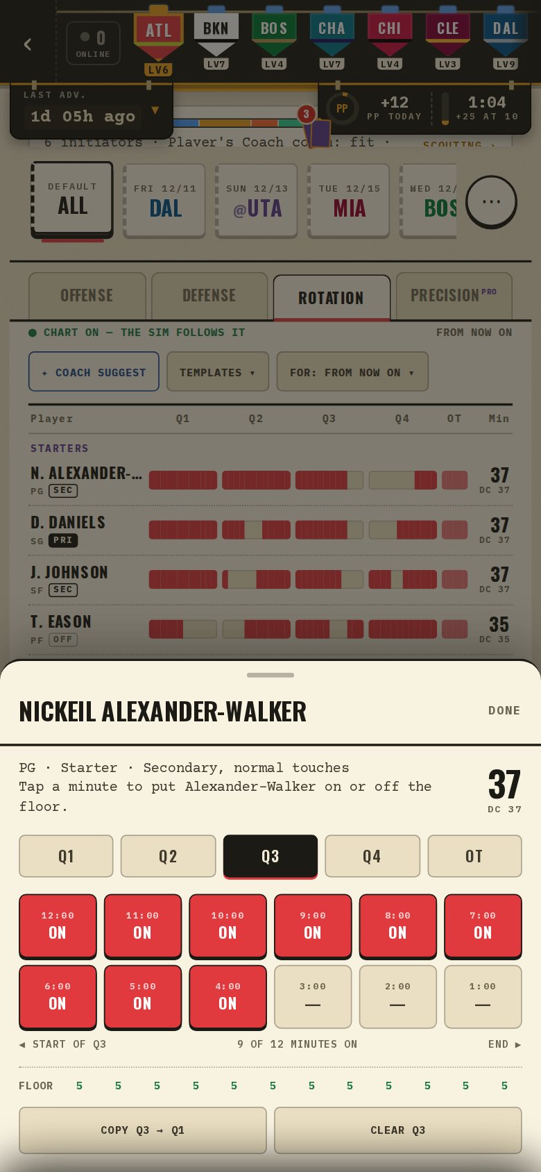 The stint sheet: twelve minute cells for one quarter, tap to put the player on or off