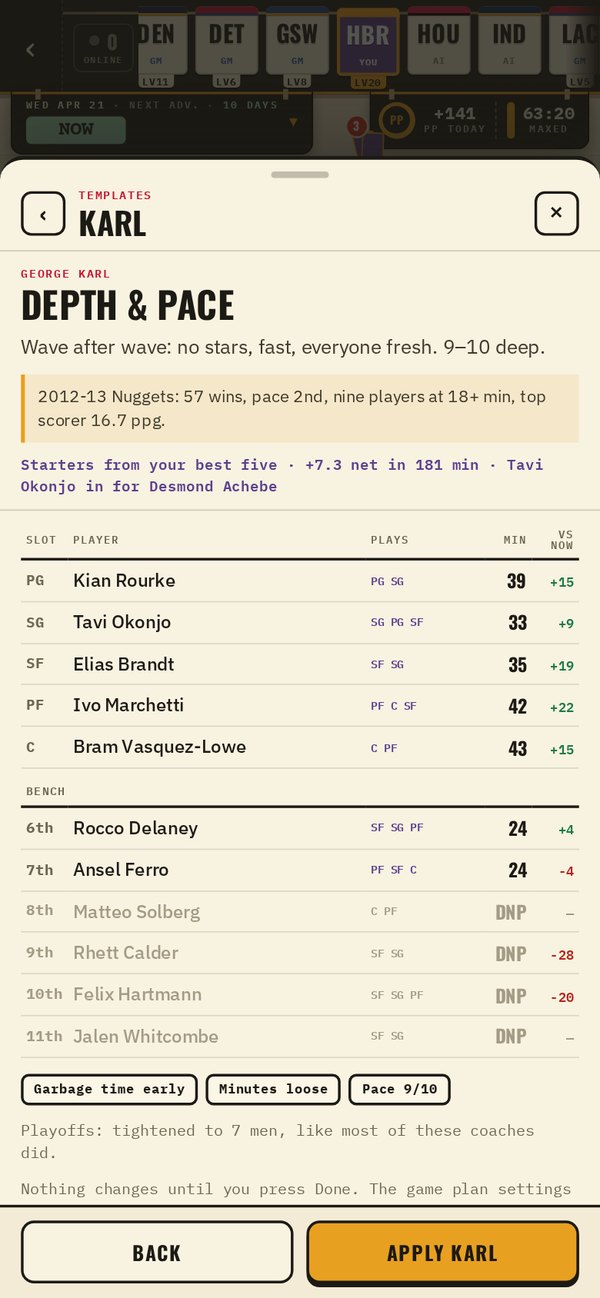 George Karl's Depth and Pace template on the phone