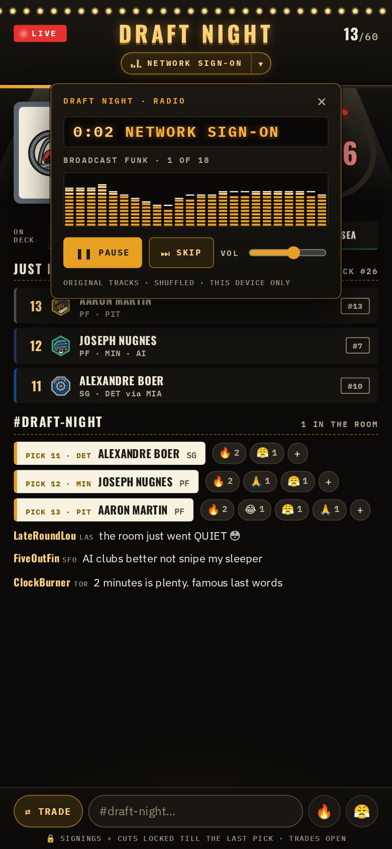 The Draft Night Radio popover in the room header: track title, visualizer and controls