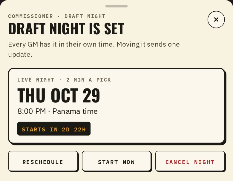 The Set Draft Night sheet on a phone: date, time and every GM's local time