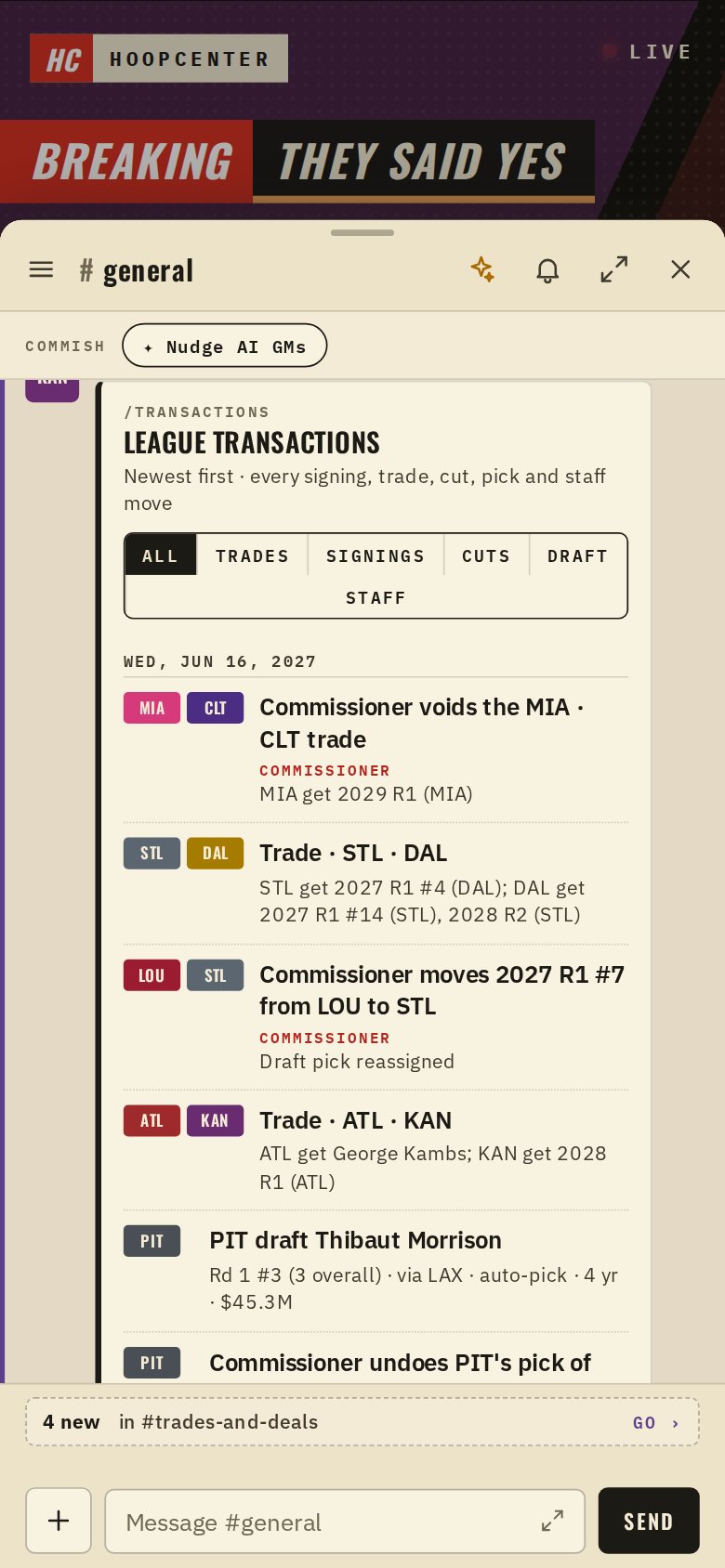 The transactions list showing draft picks and a pick trade