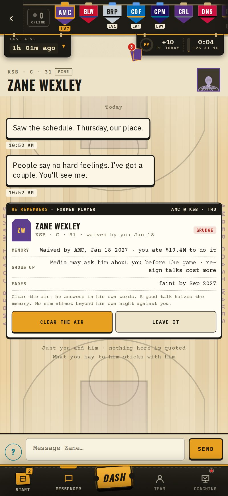 A former player's DM before a game against you, with a memory card: waived by you, how it shows up, when it fades, Clear the air or Leave it