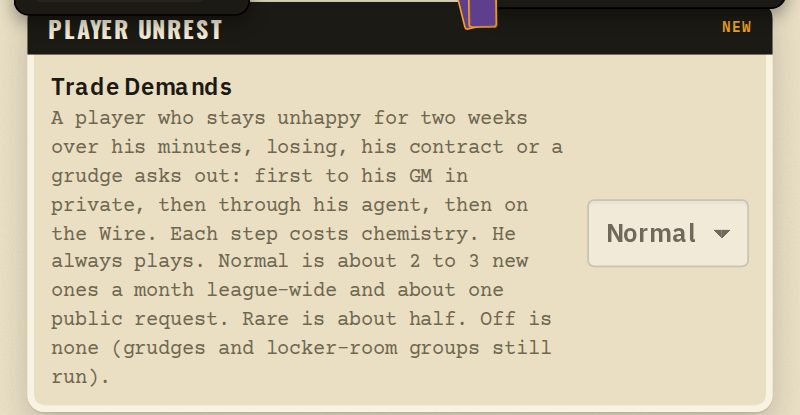 Player Unrest setting: trade demands Normal, with what Normal, Rare and Off mean