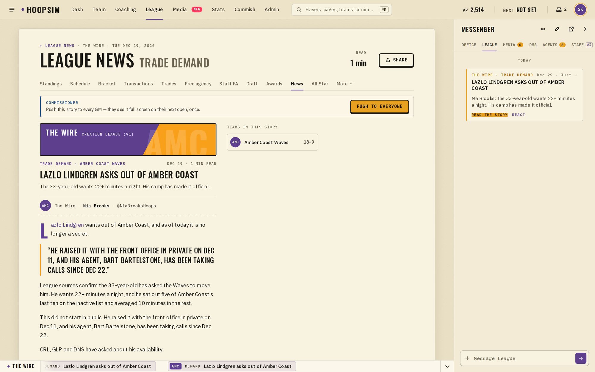 The trade-demand Wire story on a computer, with the League chat card beside it
