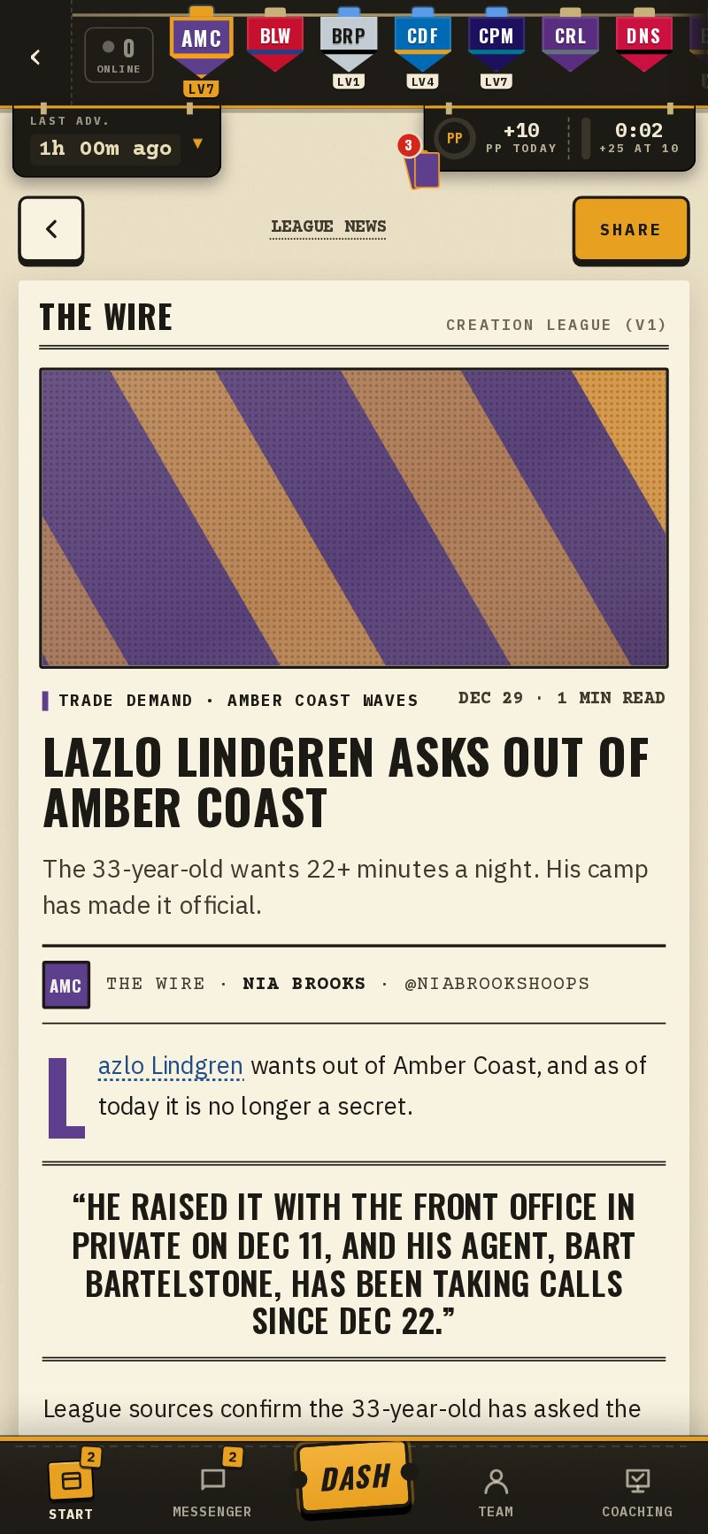 A Wire story: player asks out of his club, with the timeline of the private ask and the agent's calls